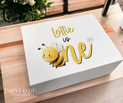 Personalised Bee Is One Birthday Keepsake Box, Baby Girl Gift Box With Name, White Magnetic Box, 1st Birthday Memory Box